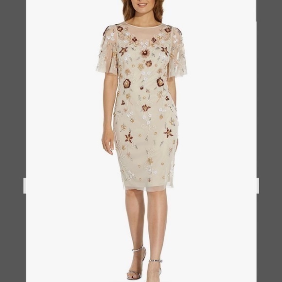 Adrianna Papell Dresses & Skirts - Adrianna Papell Beaded Illusion Flutter Sleeve Sheath Dress in Alabaster Size 4